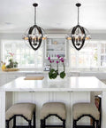 Kitchen scene featuring Boss Look Black Aspen Wrought Iron Globe Wood Four Light Chandelier with 20 inch shade, 22.5 inch height, distressed wood.
