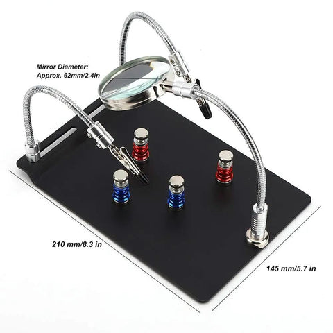 Go-To Magnetic Helping Hand With Four PCB Pillars And Three Magnifying Lamps on black base with flexible arms