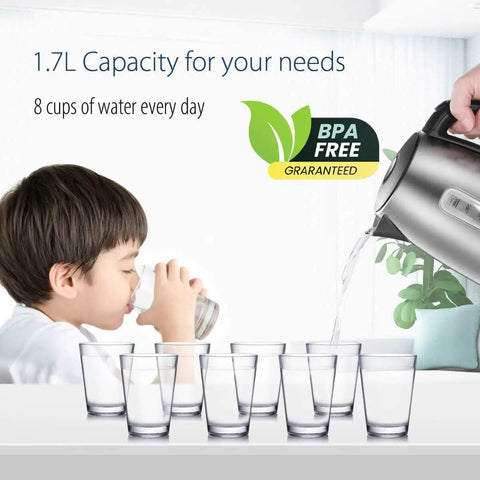 Woman pouring from Fast Boil 1.7L Electric Kettle with 1500W Heating, BPA Free, into glass with child drinking water, 8 cups