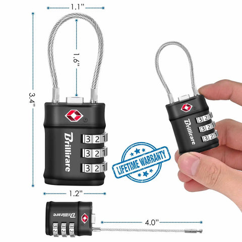TSA Approved Luggage Locks 2 Pack With 3 Digit Resettable Combos Waterproof Zinc Alloy Padlocks shown with dimensions