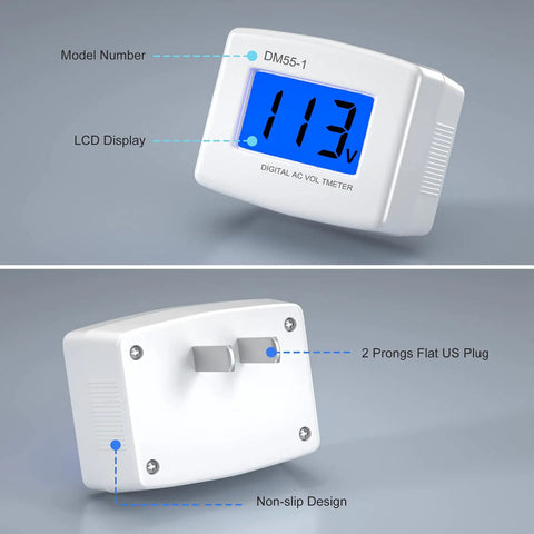 Plug In AC Voltage Tester With LCD Display 80 to 300V Digital Voltmeter Must Have for Home Outlets and Appliances Quick Voltage Monitor to Check 110V or 220V Levels and Safeguard Your Electronics. White plastic AC voltmeter with LCD display and 2-prong plug
