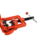 Workhorse Heavy Duty Pipe Vise For 0.4 To 2.4 Inch Tubing Cast Iron Bench Vice, orange cast iron frame with hardened jaws.