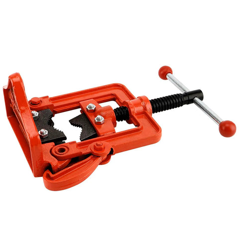 Workhorse Heavy Duty Pipe Vise For 0.4 To 2.4 Inch Tubing Cast Iron Bench Vice, orange cast iron frame with hardened jaws.