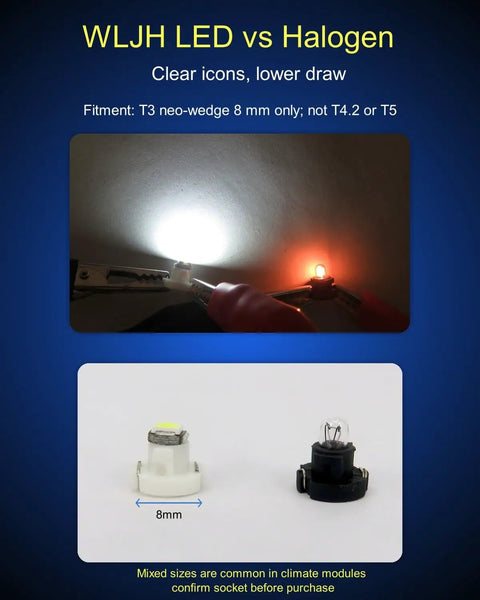 Comparison of WLJH LED vs Halogen bulbs with 10 Pack White T3 Neo Wedge 3030 LED Bulbs With 8mm Base, shown in packaging