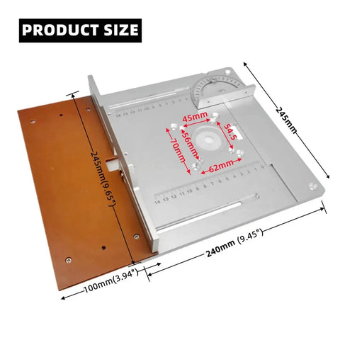 Bully Tough Aluminium Router Table Insert Plate With Wood Milling Flip Board and Backing Gauge Set For Plug And Play Bench Setup Featuring Dang Accurate Center Bushing Plus Killer Rail Guides size and dimensions diagram.