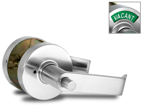 ADA Compliant Privacy Lock With One Touch Push Button Lever For Single Egress, Left Handed, Satin Chrome Finish with vacant indicator