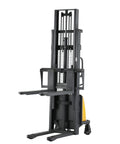 Aequanta Semi Electric Pallet Stacker With 3300 Lbs Capacity And 118 Inch Max Lift Height, featuring fixed legs and adjustable forks.