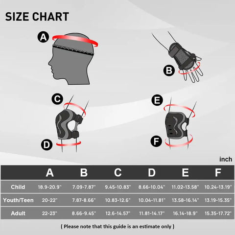 Adult And Youth Skating Protective Gear Set With Helmet Knee Pads Elbow Pads And Wrist Guards size chart