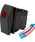 5 Pin On Off On Remote Start Rocker Switch for Onan Cummins Generator, Lighted Indicator, with wires, black switch side view.