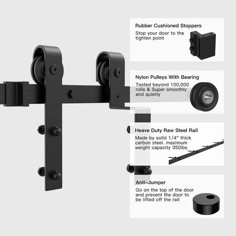 12 Foot Bypass Sliding Barn Door Hardware Kit With Single Track For Double Doors, Heavy Duty Steel Rails And Pulleys details