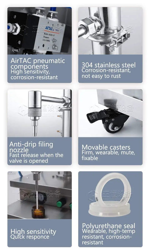 Heavy Duty Pneumatic Vertical Piston Filling Machine Built Tough Paste And Liquid Dispenser 25 To 250 Ml components including anti-drip nozzle and stainless steel.