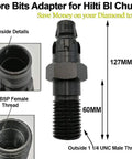 Diamond Core Bits Adapter DD-BI For Hilti BI Chuck Converts 1-1/4 Inch UNC To 1/2 Inch BSP Heavy Duty Steel with thread details