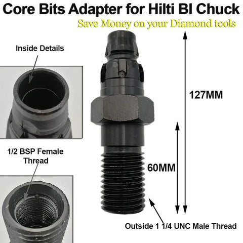 Diamond Core Bits Adapter DD-BI For Hilti BI Chuck Converts 1-1/4 Inch UNC To 1/2 Inch BSP Heavy Duty Steel with thread details