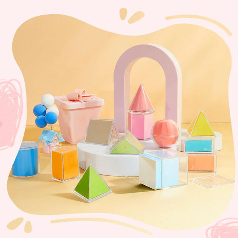 Hands On Geometry Kit With 12 Geometric Solids And 12 Folding Nets, Multicolored 3D shapes arranged with arch and ball display