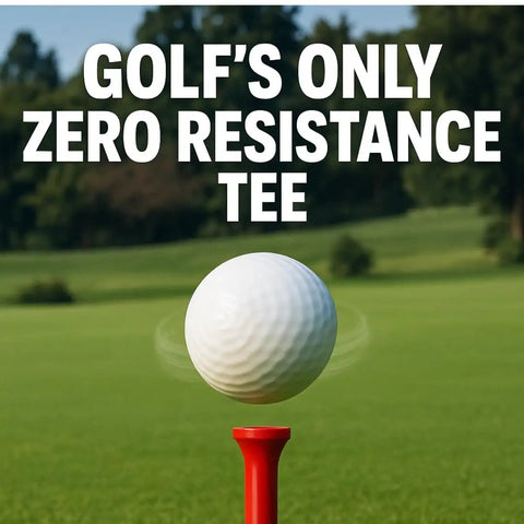 Golf ball on a red tee at a golf course with text 'Golf's Only Zero Resistance Tee' showcasing Bold Bang Golf Tees Sneaky Prank.