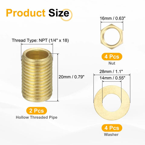 Brass Lamp Repair Hardware Kit Two Piece 0.79 Inch Pipe Nipples With Nuts And Washers NPT One Quarter Inch Threads DIY