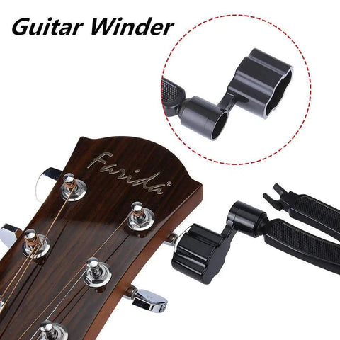 Guitar Winder in use on guitar headstock showing heavy duty cutter and fast restring mechanism. Upgrade Your Guitar Game With This Pro 3-In-1 String Winder Tool.