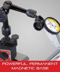 Magnetic Base Indicator Holder With Post Assembly For Fast And Easy Indicator Positioning Three Adjustable Pivots And One Easy Adjust Knob Model 660 mounted on metal surface with dial indicator.