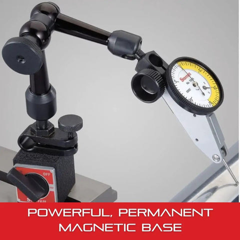 Magnetic Base Indicator Holder With Post Assembly For Fast And Easy Indicator Positioning Three Adjustable Pivots And One Easy Adjust Knob Model 660 mounted on metal surface with dial indicator.