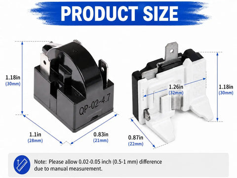 Product dimensions of 3 Pin 4.7 Ohm Refrigerator Start Relay Kit With Overload Protector For 1/2 HP Compressors, compatible with QP-02-4.7.