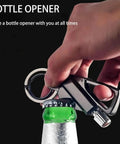 All In One Multitool Lighter Keychain With Bottle Opener in use opening a bottle cap, black metal tool close-up