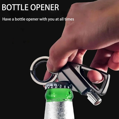 All In One Multitool Lighter Keychain With Bottle Opener in use opening a bottle cap, black metal tool close-up