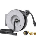 Beefy 65 Ft Pressure Washer Hose Reel With 3200 Psi Max Retractable Hose, heavy-duty steel, wall or floor mount, swivel inlet.