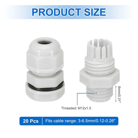 20 Pack M12x1.5 Cable Glands Adjustable 3 To 6.5mm PA6 Nylon IP68 Waterproof Sealed Connectors, size detail view