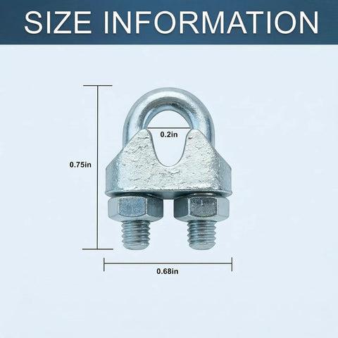 Close-up of 1/8 inch galvanized wire rope clamp showing dimensions. 20 Pcs One Eighth Inch Wire Rope Clamp Clips Heavy Duty Workhorse M3