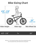 Sizing chart for Gemsbok 20 Inch Kids BMX Bike for Boys and Girls Ages 7 to 12, illustrating rider height and wheel size.