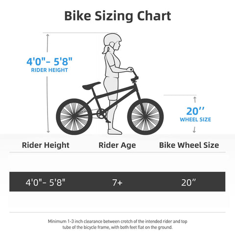 Sizing chart for Gemsbok 20 Inch Kids BMX Bike for Boys and Girls Ages 7 to 12, illustrating rider height and wheel size.