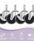 3 Inch Swivel Caster Wheels Featuring M8 Threaded Stem And Reliable Side Lock Brakes Heavy Duty Steel Housing Gray Finish Set of four wheels