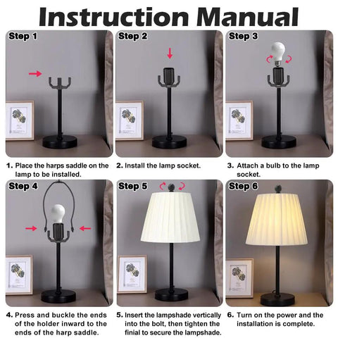 Instruction manual for Solid Build Black 10 Inch Lamp Shade Harp Holders showing installation steps for lamp setup.