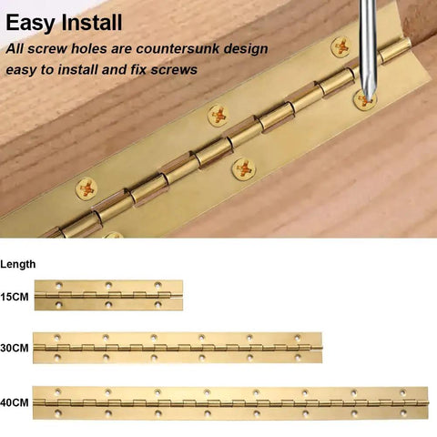 Four Pack 12 Inch Gold Stainless Steel Piano Hinges Built Like A Tank And Hella Sturdy Heavy Duty Continuous Strips with countersunk holes.