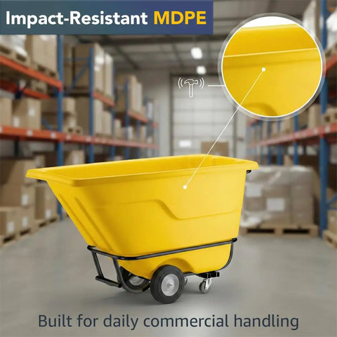 Commercial Grade Tilt Truck Dump Cart 850 Lb Capacity Zero Point Five Cubic Yard Yellow Rotational Molded Waste Bin side view in warehouse.