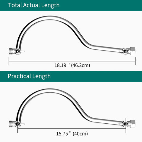 Diagram of a 16 Inch Adjustable Curved Shower Head Arm Extension With Lock Joints, dimensions shown, chrome finish, G1/2 connection.