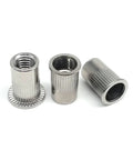 20 Pack Flat Head Threaded Insert Nuts Made From 316 Stainless Steel Features Knurled Design For Superior Grip And Non-Spinning Security To Keep Your Projects Tight And Stable With Heavy Duty Hold Power, showing different angles.