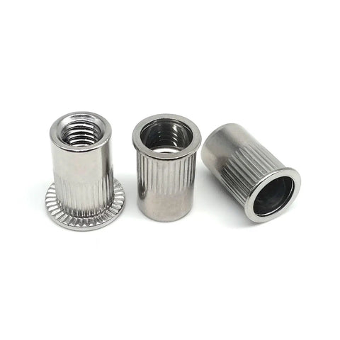 20 Pack Flat Head Threaded Insert Nuts Made From 316 Stainless Steel Features Knurled Design For Superior Grip And Non-Spinning Security To Keep Your Projects Tight And Stable With Heavy Duty Hold Power, showing different angles.