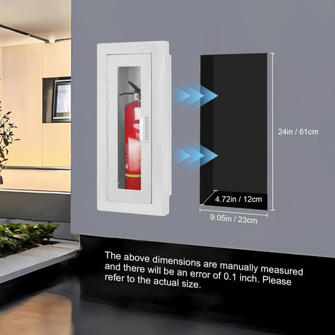 Recessed Fire Extinguisher Wall Cabinet In Galvanized Steel For 10 Lb Extinguishers, Magnetic Door, installed on a wall with dimensions