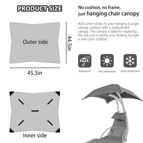 Diagram of 44.5 by 45.5 in Beige Replacement Canopy For Outdoor Hanging Chaise Lounger, Weatherproof UV Resistant Shade