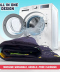 Toddler Nap Mat With Pillow For Daycare And Travel next to washing machine showing machine washable feature