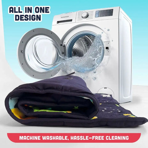 Toddler Nap Mat With Pillow For Daycare And Travel next to washing machine showing machine washable feature