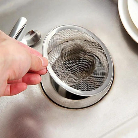 Hand holding a Heavy Duty Stainless Steel Mesh Sink Strainer Set Of Ten for kitchen sink, showing precision hair catcher.