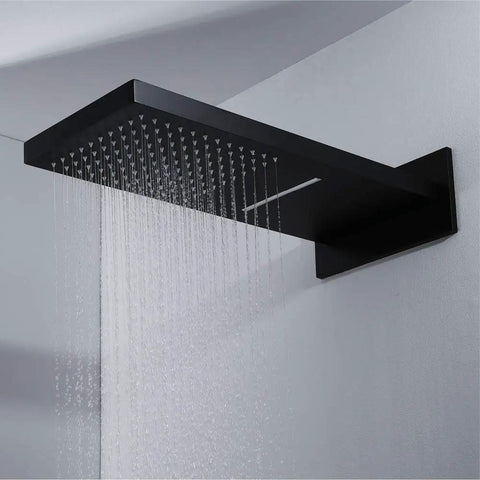 Slick Matte Black Wall Mounted Bathroom Shower Set with Solid Copper Body Constant Temperature Thermostatic Control and Smooth Waterfall Rainfall Head
