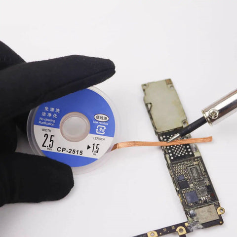 Desoldering Wick Copper Solder Braid 5 Piece Set With 1.5m Lengths And 1.5mm To 3.5mm Widths used on circuit board