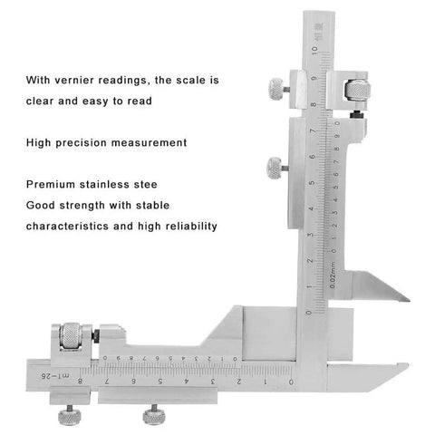 Gear Tooth Vernier Caliper with Stainless Steel Build, Dual Perpendicular Vernier Scales displayed with measurement scales visible.