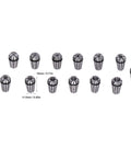 13 Piece ER11 Spring Collet Set 1mm to 7mm for Milling Lathe Chucks, shown individually with size dimensions