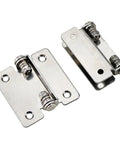Close-up of two stainless steel 180° foldable damping torque hinges with springs