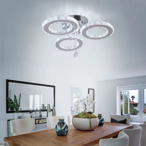 Three Ring Crystal Ceiling Light Chandelier Flush Mount LED Cool White 6000K 13x3.5 Inches Modern Fixture With K9 Crystals And Stainless Steel