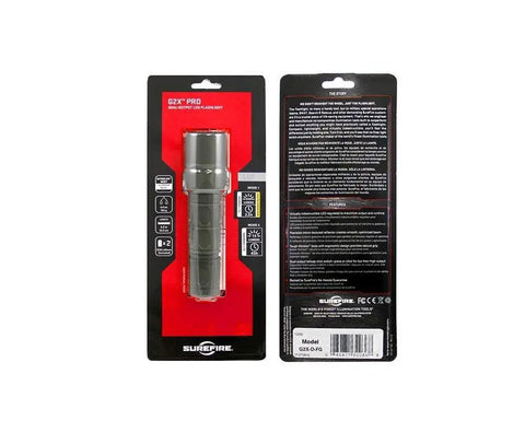 G2X Pro Dual Output LED Flashlight With Click Switch Forest Green in original packaging, showing specifications and features